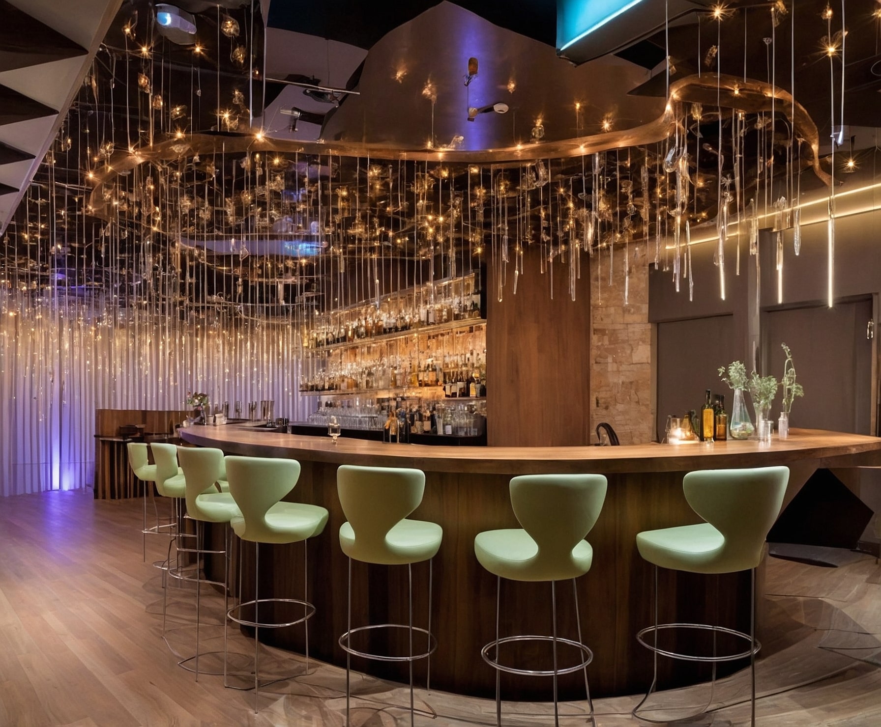 Ambiente nocturno de bar con café y copas